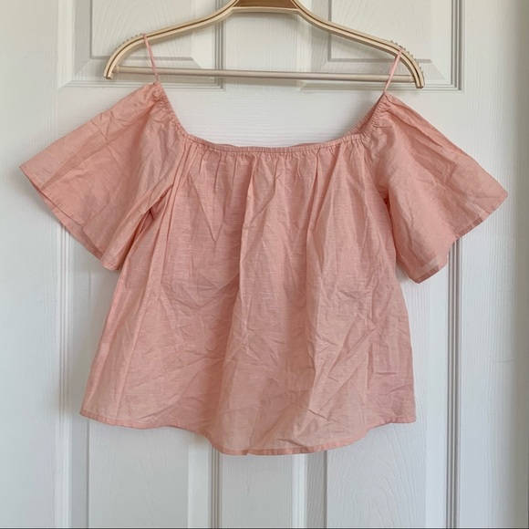 Express Peach Warm Coral Pink Woven Smocked Off-Shoulder Top - Picture 2 of 7